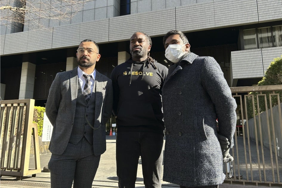 The plaintiffs in a lawsuit alleging racial profiling filed in Tokyo, Japan, January 29, 2024.