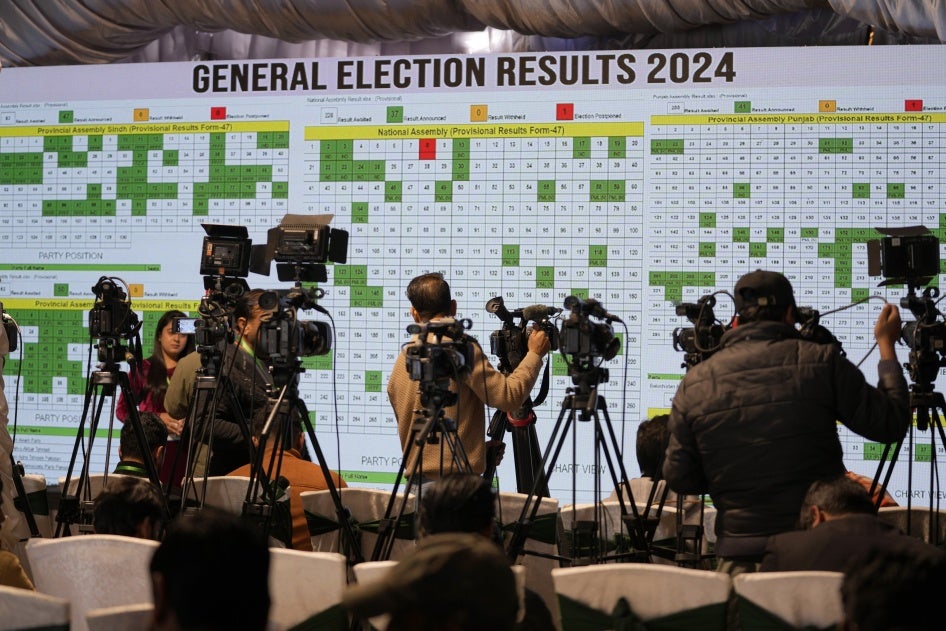 A big screen showing the results of Pakistan’s parliamentary elections at the Pakistan Election Commission headquarters, in Islamabad, Pakistan, February 9, 2024.