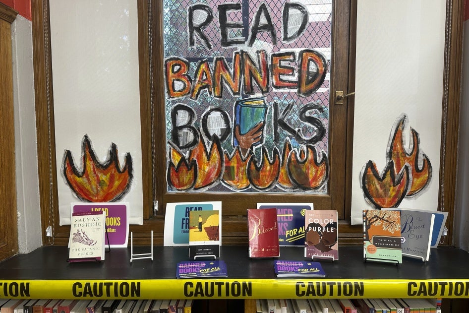 A banned books display at the Mott Haven branch of the New York Public Library in the Bronx,  borough of New York City, October 7, 2023. 