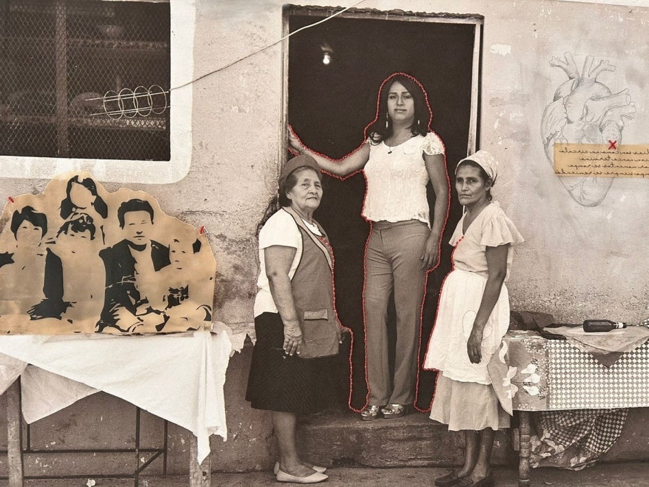 a portrait of Sandra R., a transgender woman, with two family members