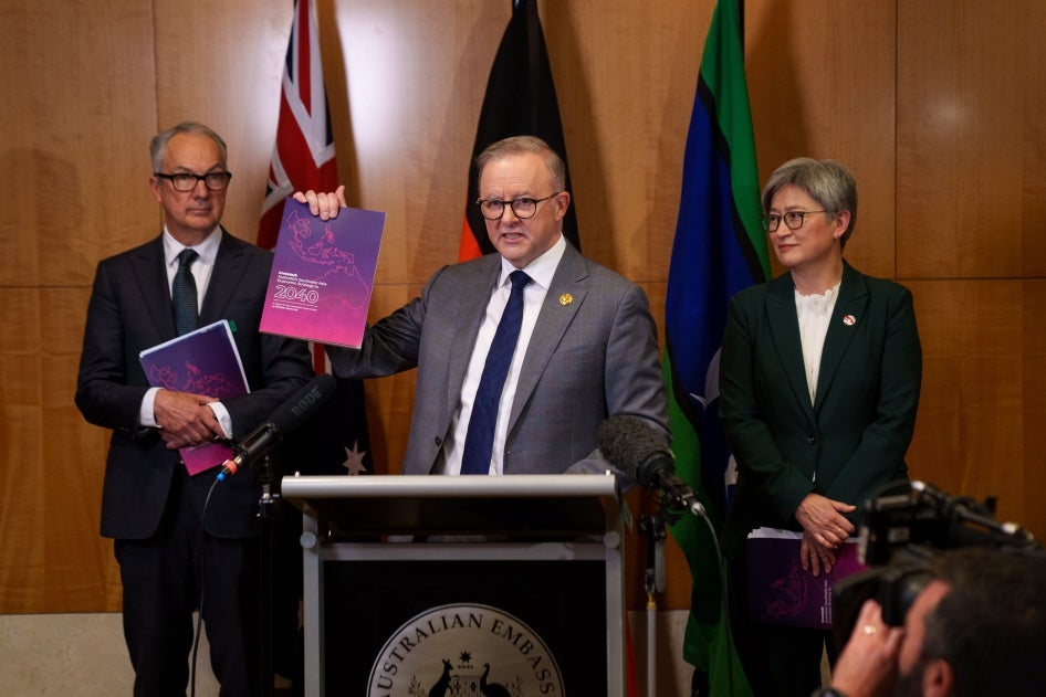 Australian Prime Minister Anthony Albanese stands alongside Foreign Minister Penny Wong (right) and Special Envoy to Southeast Asia Nicholas Moore in Jakarta, Indonesia to launch Australia’s Southeast Asia Economic Strategy, September 6, 2023.