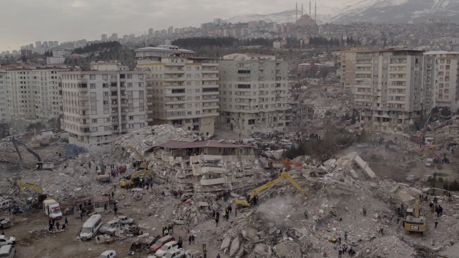At least 1400 people died when apartment blocks belonging to the Ebrar housing complex in Kahramanmaraş city, Turkey collapsed in the February 6, 2023 earthquakes. 