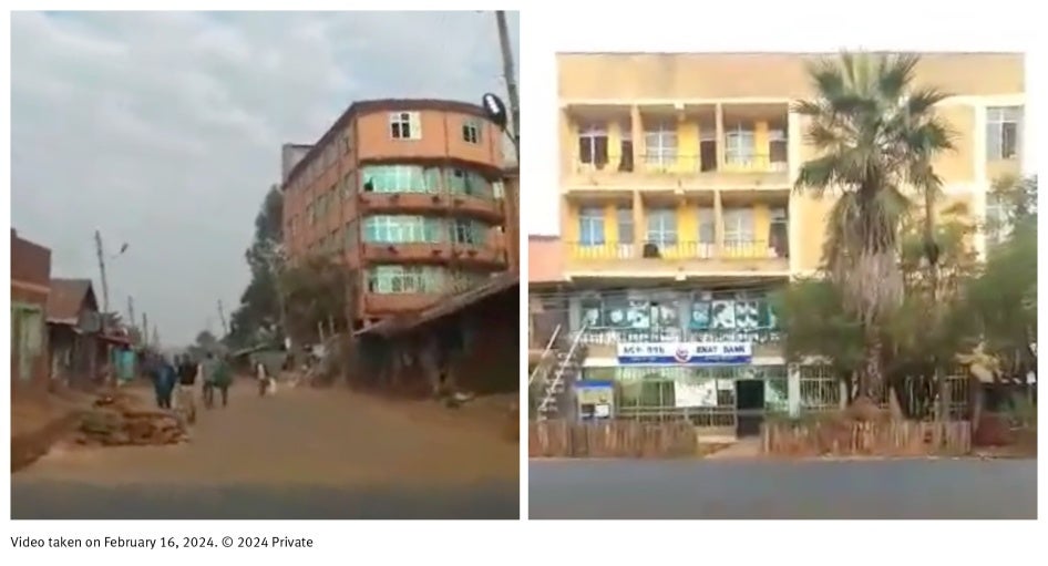 On the left, the Merawi administration building in Kebele 02, located off the main road in town. Ethiopian soldiers set up a base at the building. On the right, Enat Bank, located on the main road, about 45 meters from the town's administrative office. Six bodies are visible in a video shared on social media in the aftermath of the Fano attack on the administration building.