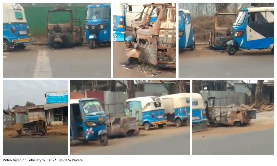 Seven burned Bajajs (motorized three-wheel vehicles) are visible in a video taken in Merawi in the aftermath of the January 29, 2024 violence and shared with Human Rights Watch.