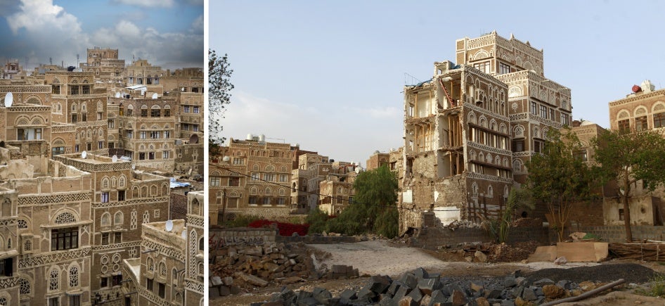 Side-by-side photos of a building before and after its destruction