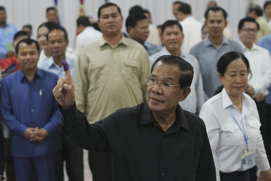 Former Cambodian prime minister Hun Sen after voting for the Senate election at Takhmau polling station in Kandal province, Cambodia