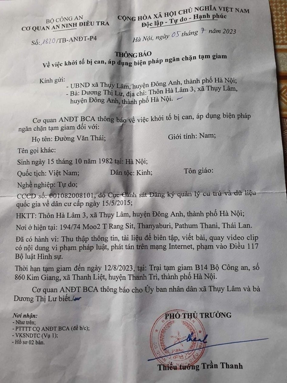 A notification letter was issued to Duong Van Thai’s family by Vietnamese officials to inform them of his arrest.