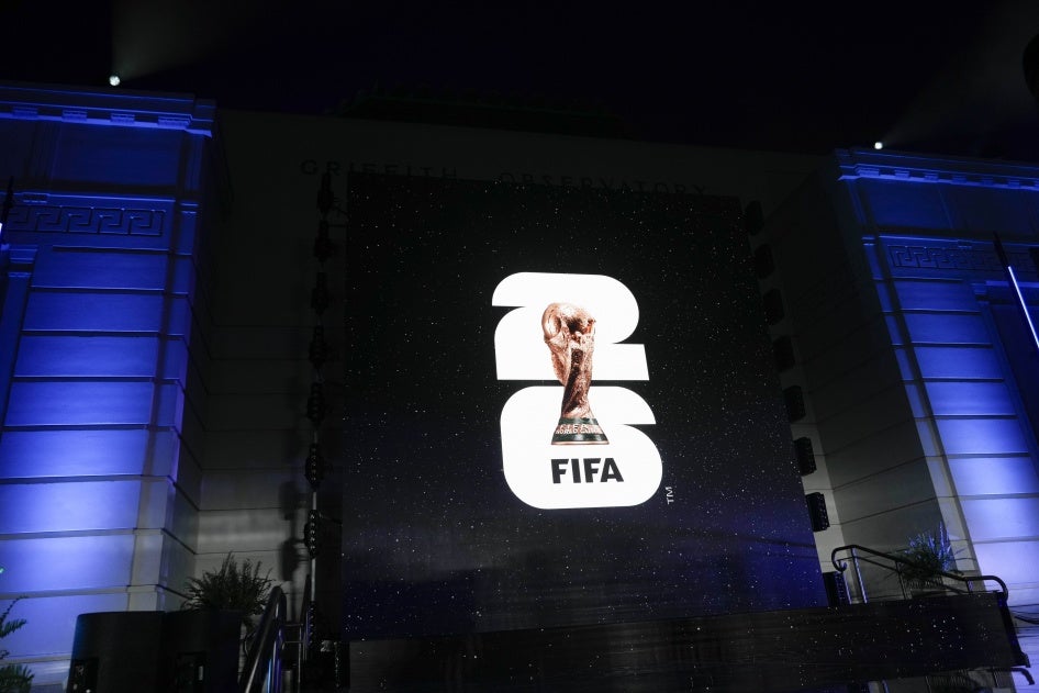 The logo for the 2026 US, Canada, and Mexico-hosted FIFA Men’s World Cup on a screen outside Griffith Observatory in Los Angeles, May 17, 2023. 