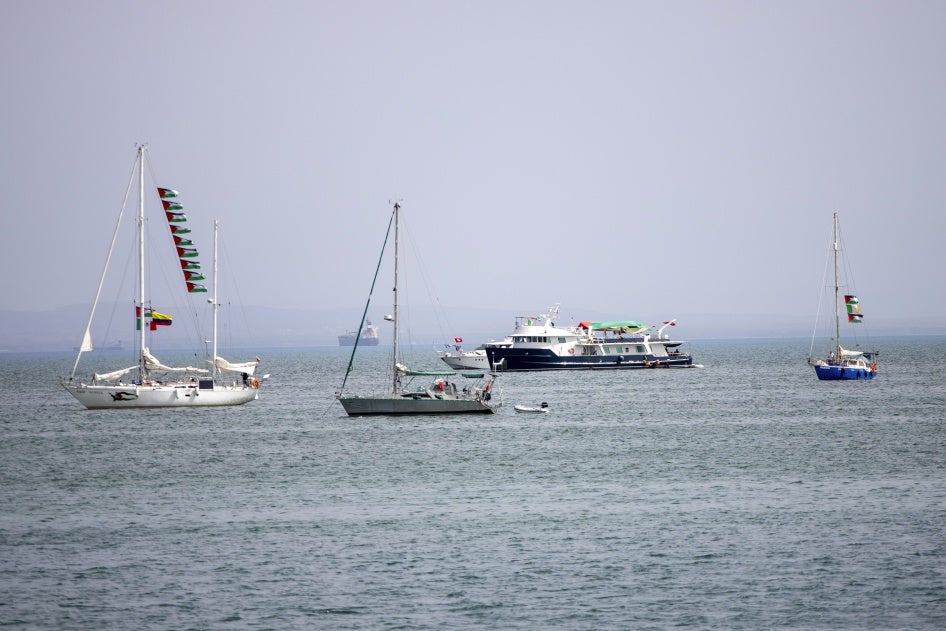 Ships that are part of the Global Sumud Flotilla heading to Gaza are anchored off the coast of Sidi Bou Said in Tunis, Tunisia, September 9, 2025. 
