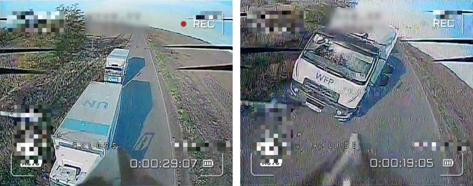 Deux images extraites d’une vidéo filmée le 14 octobre 2025 par des drones russes près de la ville de Bilozerka dans la région de Kherson en Ukraine, et diffusée le lendemain par une chaîne Telegram russe.