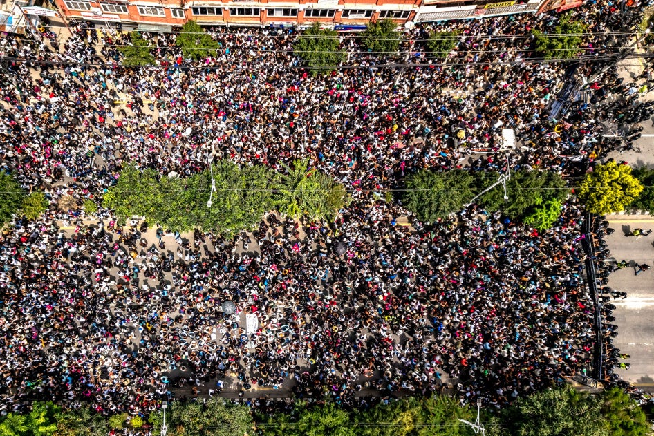 Demonstrators gathered outside Nepal's Parliament during a protest in Kathmandu on September 8, 2025, condemning social media prohibitions and corruption by the government.