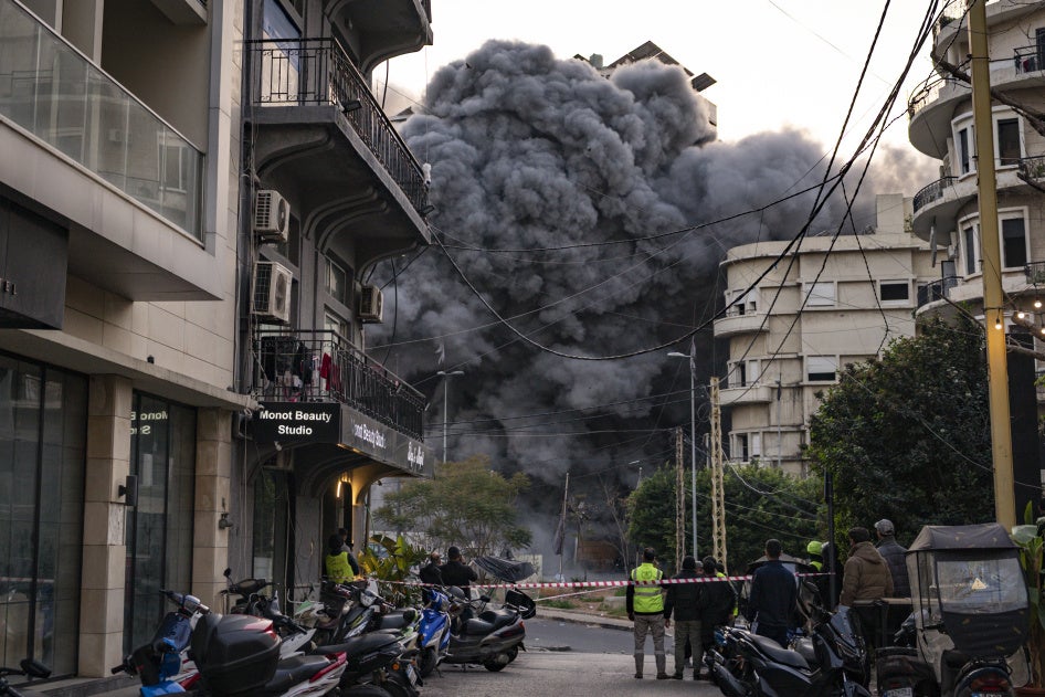 Smoke from a building in the center of Beirut, Lebanon, which has been hit by the IDF after an evacuation order, on March 12, 2026. 