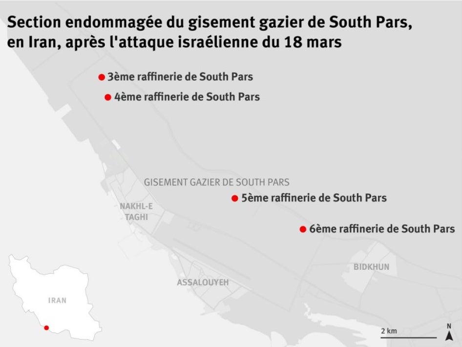 Une carte du gisement gazier de South Pars, situé dans le sud de l’Iran à proximité du golfe Persique, montrant quatre raffineries qui ont été endommagées lors de l'attaque israélienne du 18 mars 2026.