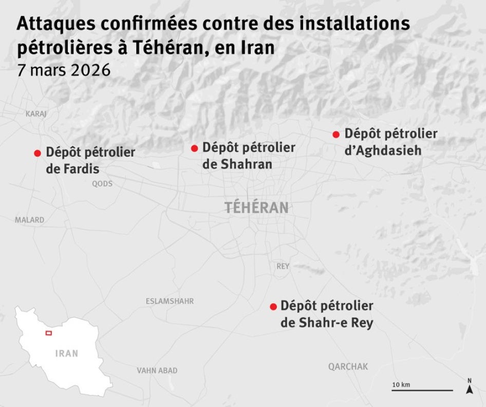 Map of Iran showing Israeli strikes (French)