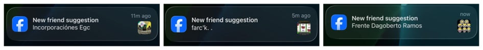 Screenshots of Facebook notifications suggesting researchers add profiles linked to armed groups as friends.