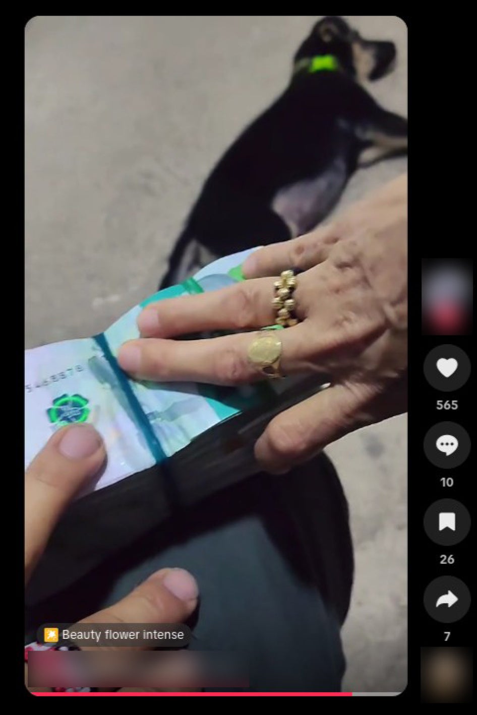 Screenshot from a video posted to TikTok in March 2026 showing a man’s hands wearing an ELN ring and displaying a stack of cash.