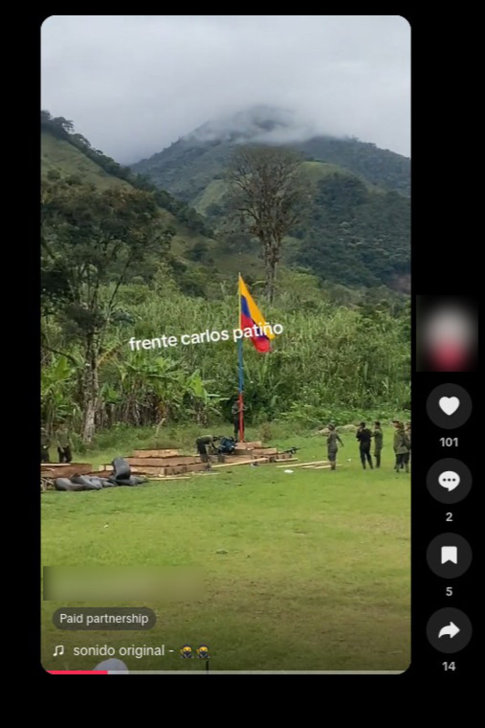 Screenshot from a video posted to TikTok in January 2026 showing a location in the mountains, an apparent training camp operated by the EMC’s Carlos Patiño Front.