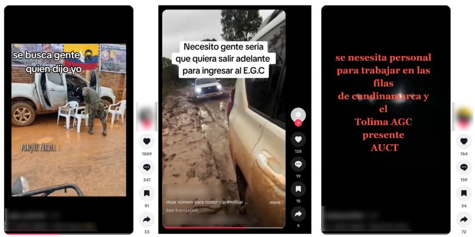 Screenshots from videos posted to TikTok between February and April 2026 showing messages explicitly looking for new combatants for armed groups.