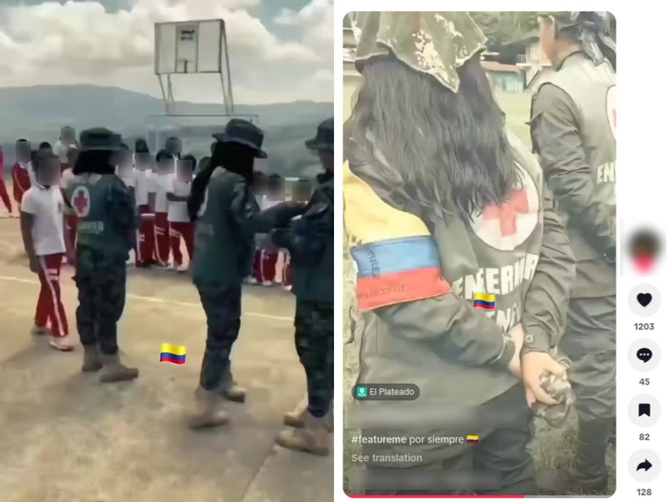 Screenshots from a video posted to TikTok in March 2026 showing the presence of people with EMC insignias inside a school.