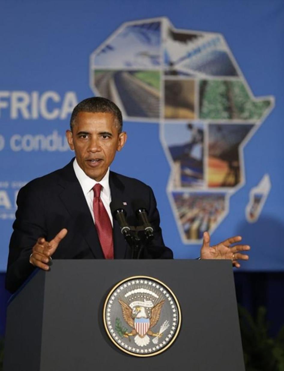 U.S. President Barack Obama delivers remarks at a business leaders forum in Dar es Salaam on July 1, 2013