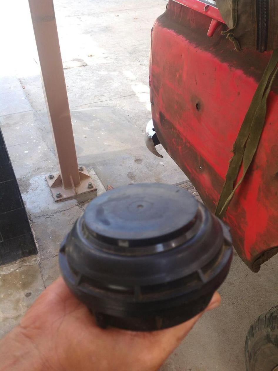 A PPM-2 antipersonnel mine that deminers removed from under a tree near al-Nasr Camp in Khormakser district next to Aden International Airport in September 2015. It was apparently laid to harm people sheltering in the shade of the tree.