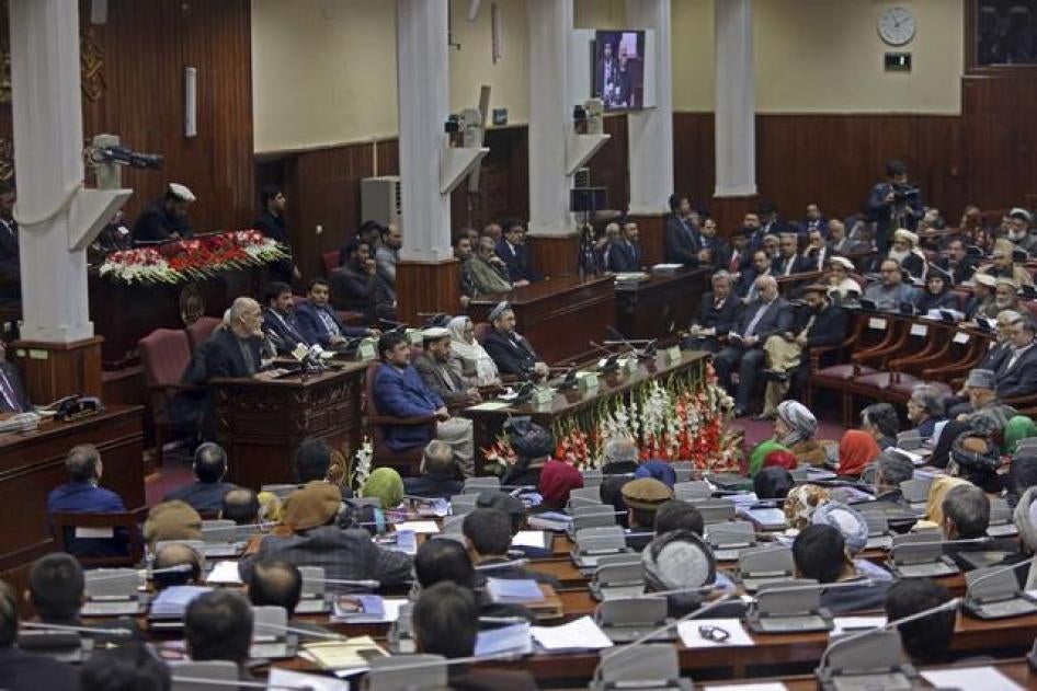 President Ashraf Ghani speaks at the parliament house in Kabul on March 7, 2015.