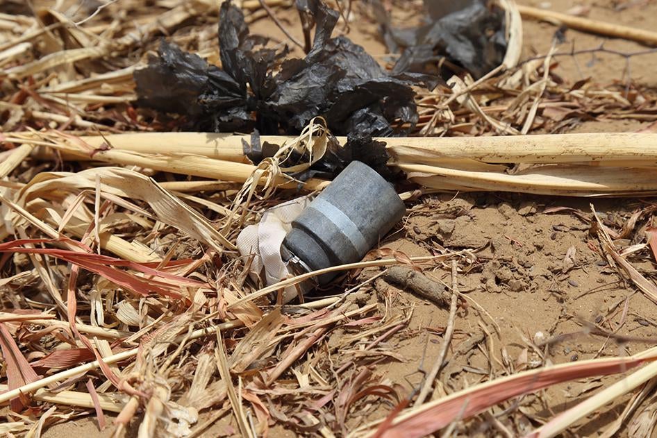 An unexploded M77 DPICM submunition found in Dughayj village, northern Yemen, after a cluster munition attack in June or July 2015. 