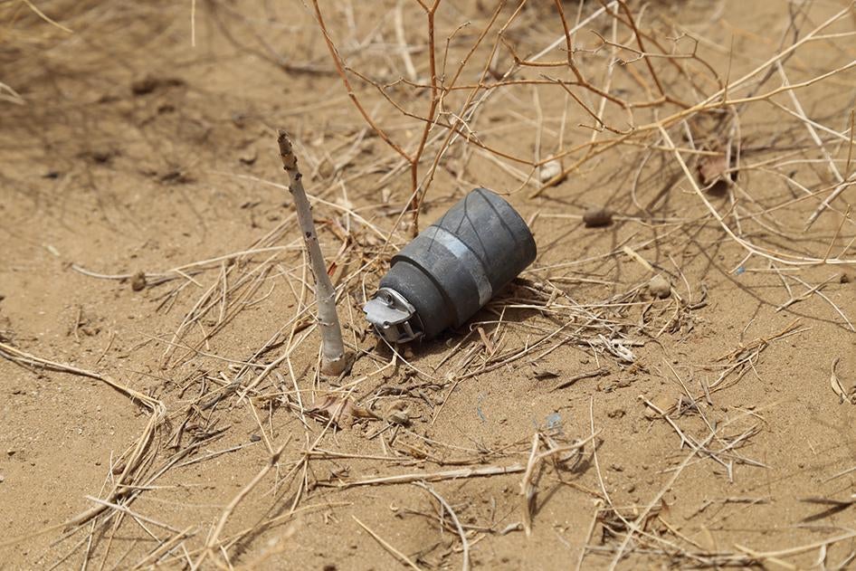 An unexploded M77 DPICM submunition found in July 2015 in a field near al-Hazan village, northern Yemen. 