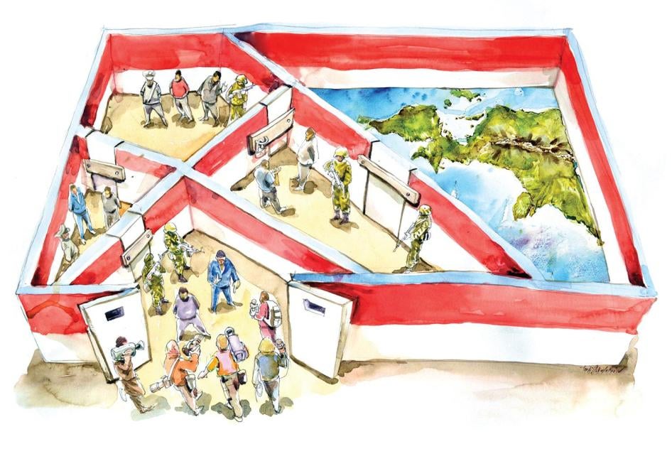 Cartoonist's depiction of Indonesian government restrictions on media freedom and rights monitoring in Papua.