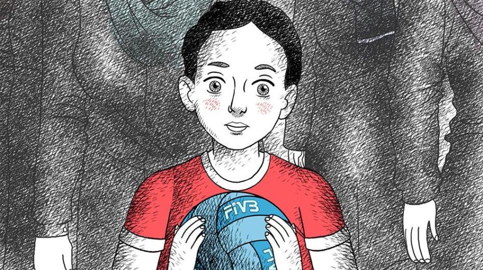 En Iran, les femmes et les filles ne sont pas autorisées à assister en tant que spectatrices à des tournois sportifs masculins (comme des matches de volley-ball) dans des stades. Image extraite d’un court dessin animé illustrant cette pratique discriminat
