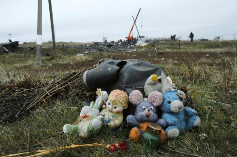 Soft toys are seen near the crash site of the Malaysia Airlines Boeing 777 plane (flight MH17) 