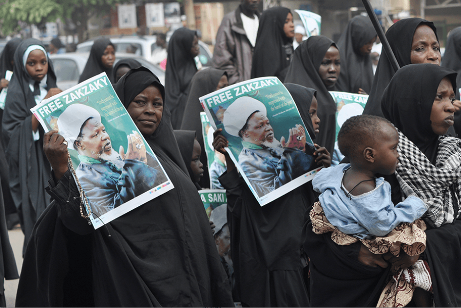 Members of Islamic Movement of Nigeria, a Shia group, demand the release of the group’s leader, Sheik Ibrahim Zakzaky, who was arrested on December 14, 2015. 