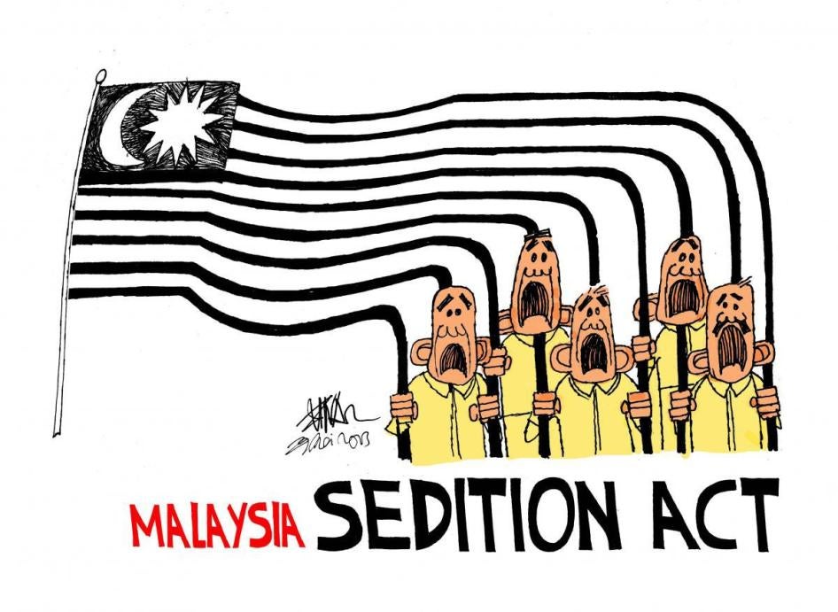 漫画家祖纳（Zunar）讽刺马来西亚政府滥用《煽动法》逮捕监禁批评人士的作品。