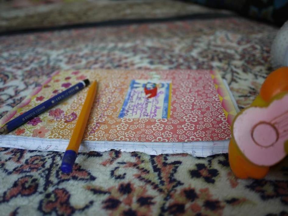 School supplies belonging to a Syrian refugee child enrolled in her local public school.