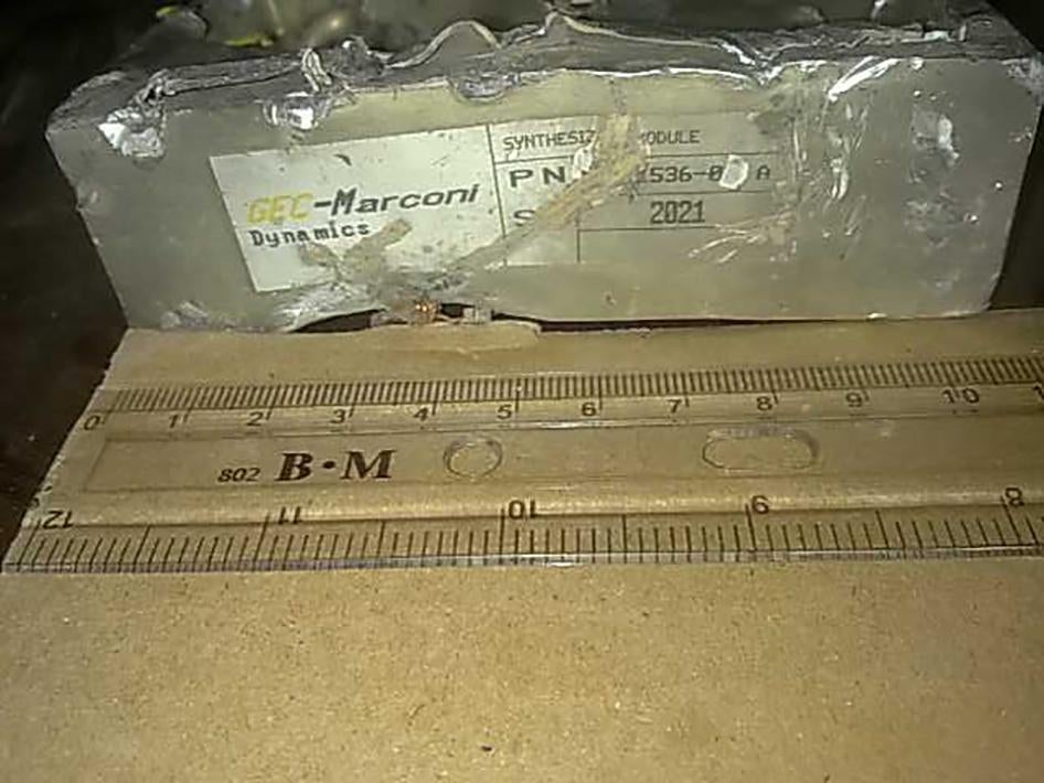 Remnant of a UK-produced missile found at the location of an air strike at Radfan Ceramics Factory, west of Sanaa, Yemen, on September 23, 2015. 