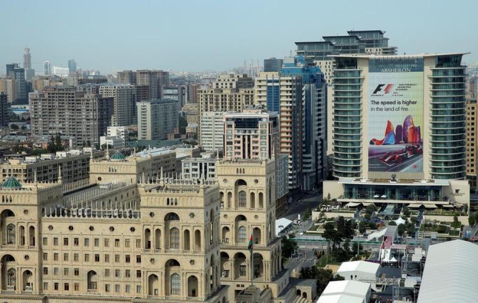 A general view shows the Government House of Baku (L) and Marriott Absheron Baku Hotel, Baku, Azerbaijan, June 16, 2016. 