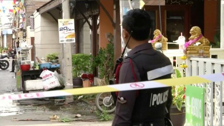A policeman is seen at the site of one of two bomb blasts which occurred on August 11, 2016, in Hua Hin, south of Bangkok, Thailand, in this still image taken from video August 12, 2016. 