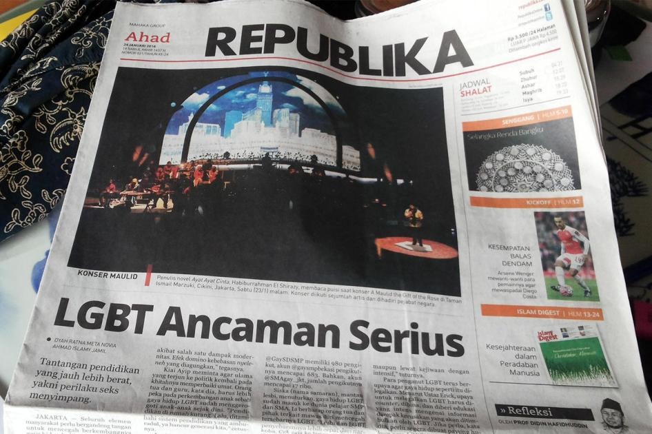 The Conservative Islamic newspaper Republika ran the headline “LGBT a Serious Threat,” on its front page on January 26, 2016, following comments by the minister of higher education saying he wanted to ban LGBT student groups. 