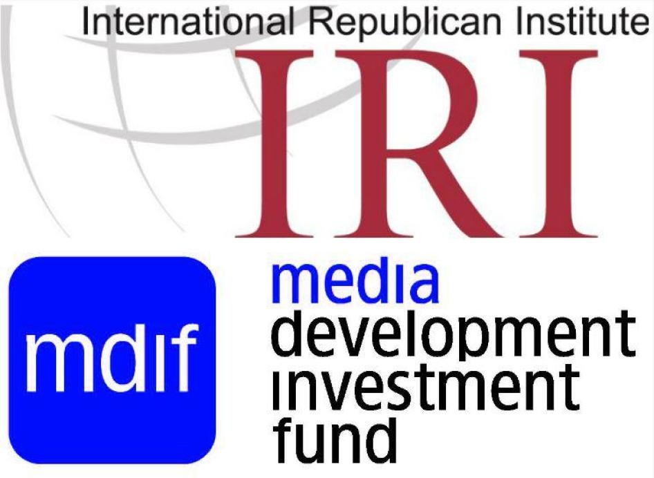 Composite photo showing the logos of the International Republican Institute (IRI) and Media Development Investment Fund (MDIF). 
