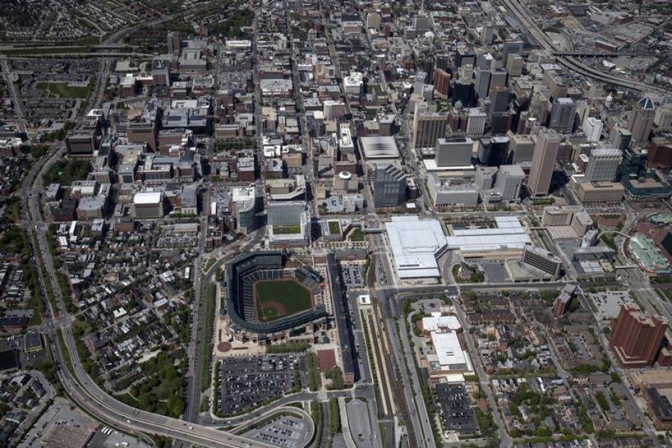 Photograph depicting an aerial view of the city of Baltimore, Maryland, April 29, 2015.
