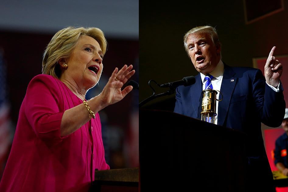 Composite showing US Democratic presidential candidate Hillary Clinton (L) speaking on the campus of Temple University in Philadelphia, Pennsylvania, July 29, 2016, and US Republican presidential candidate Donald Trump (R) speaking at a campaign rally in 
