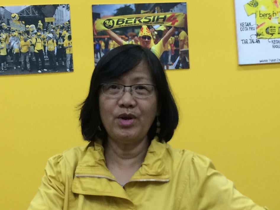 Maria Chin Abdullah, chair of the Coalition for Clean and Fair Elections (Bersih).  She faces charges for participating in an unlawful “street protest” in March 2015.  Charges against her for allegedly failing to give notice of the August 2015 Berish 4.0 