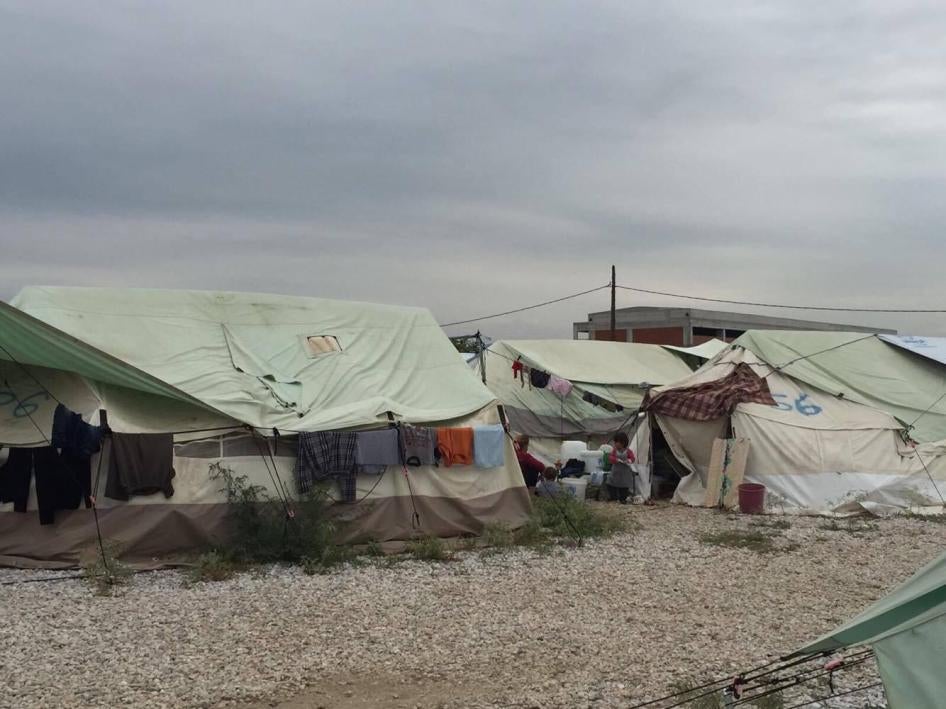 Tents pinned to the ground of Softex camp in Thessaloniki, Greece. 
