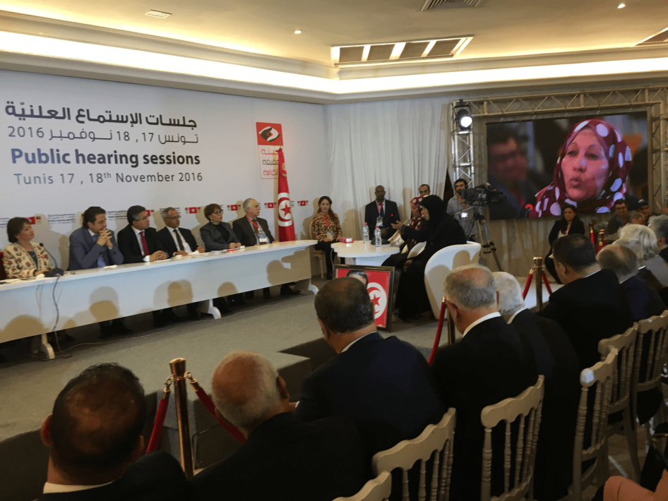 Rebah Dachraoui of Kasserine addresses the first public hearing of Tunisia’s Truth and Dignity Commission on November 17, 2016, about how police fatally shot her son Slah during protests in January 2011.