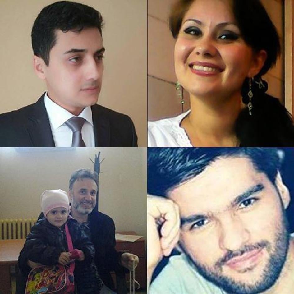 Quatre activistes tadjiks qui ont été traqués par le gouvernement du Tajdijistan. Rangée du haut : Sobir Valiev, Shabnam Khudoydodova. Rangée du bas : Umarali Kuvvatov, Ehson Odinaev.
