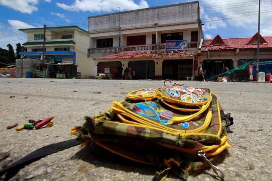 A school bag lies next to the bomb attack site in Narathiwat province, Thailand on September 6, 2016.