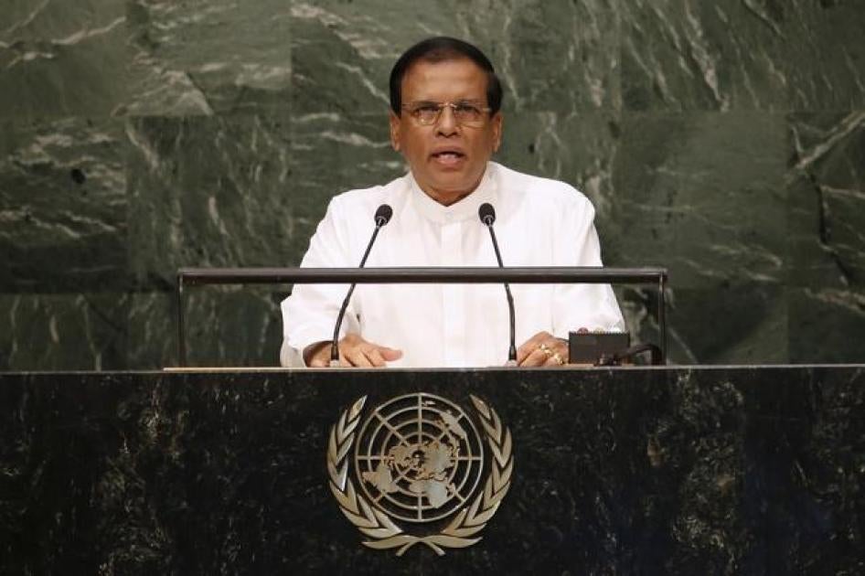 2015年9月27日，斯里兰卡总统西里塞纳在联合国总部，纽约曼哈顿，发表演说。 