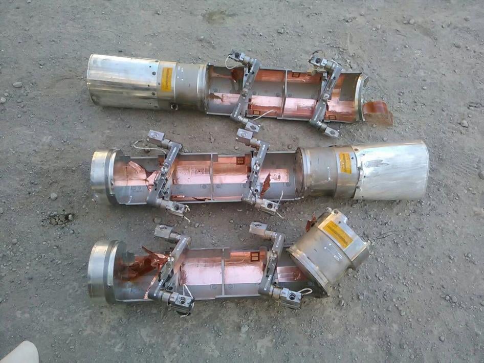 Remnants of BLU-108 canisters delivered by CBU-105 Sensor Fuzed Weapon collected at the quarry of the Amran Cement Factory after an attack on February 15, 2016.
