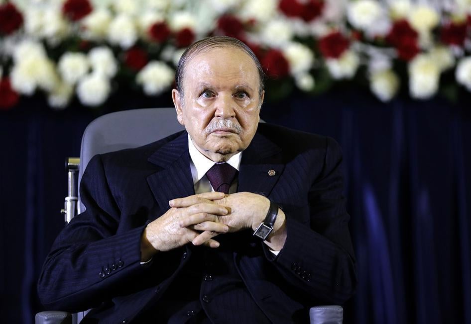 President Abdelaziz Bouteflika looks on during a swearing-in ceremony in Algiers on April 28, 2014.