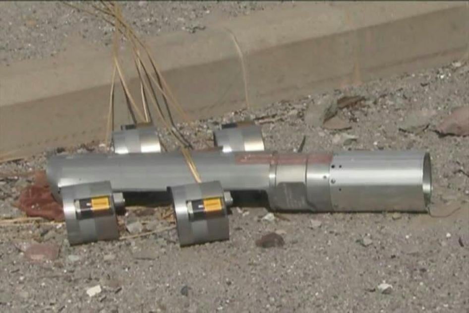 A BLU-108 canister with all four skeet (submunitions) still attached, reportedly used in an attack on the Affash Historic Fort in Sanhan, Sanaa governorate, on May 21.